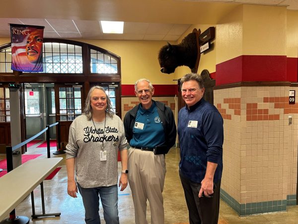 (From L to R) Choir Director Amy Davidson,  North Alum Dave Riches and Alumni Association President Bill Bequette get together at North after Riches gave a generous donation to the choir department.