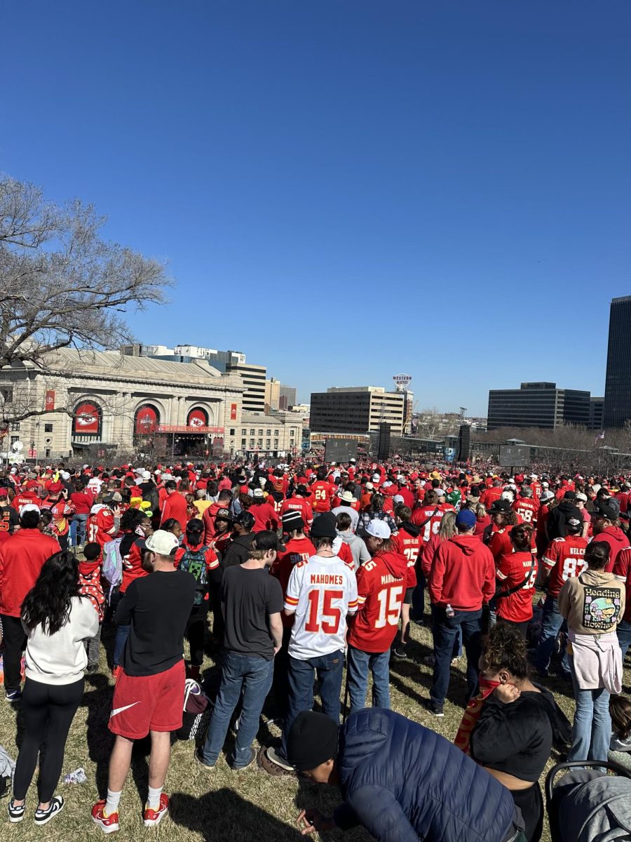 Fans gather to celebrate the Kansas City Chiefs winning the Super Bowl.
